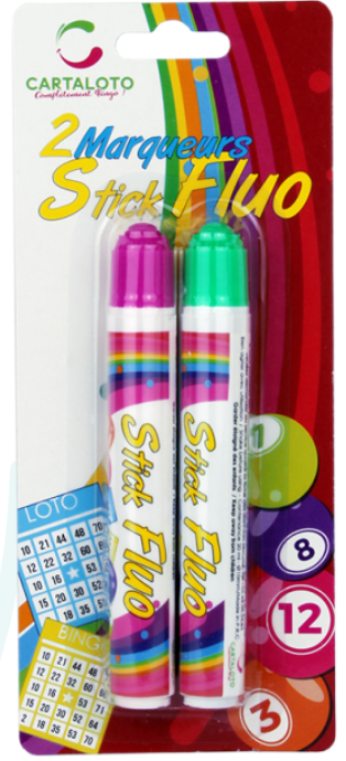 48 MARKERS BINGO LOTO STICKS FLUO EN BLISTER 2 DE 20ML. ON ARRIVAGE BIENTOT